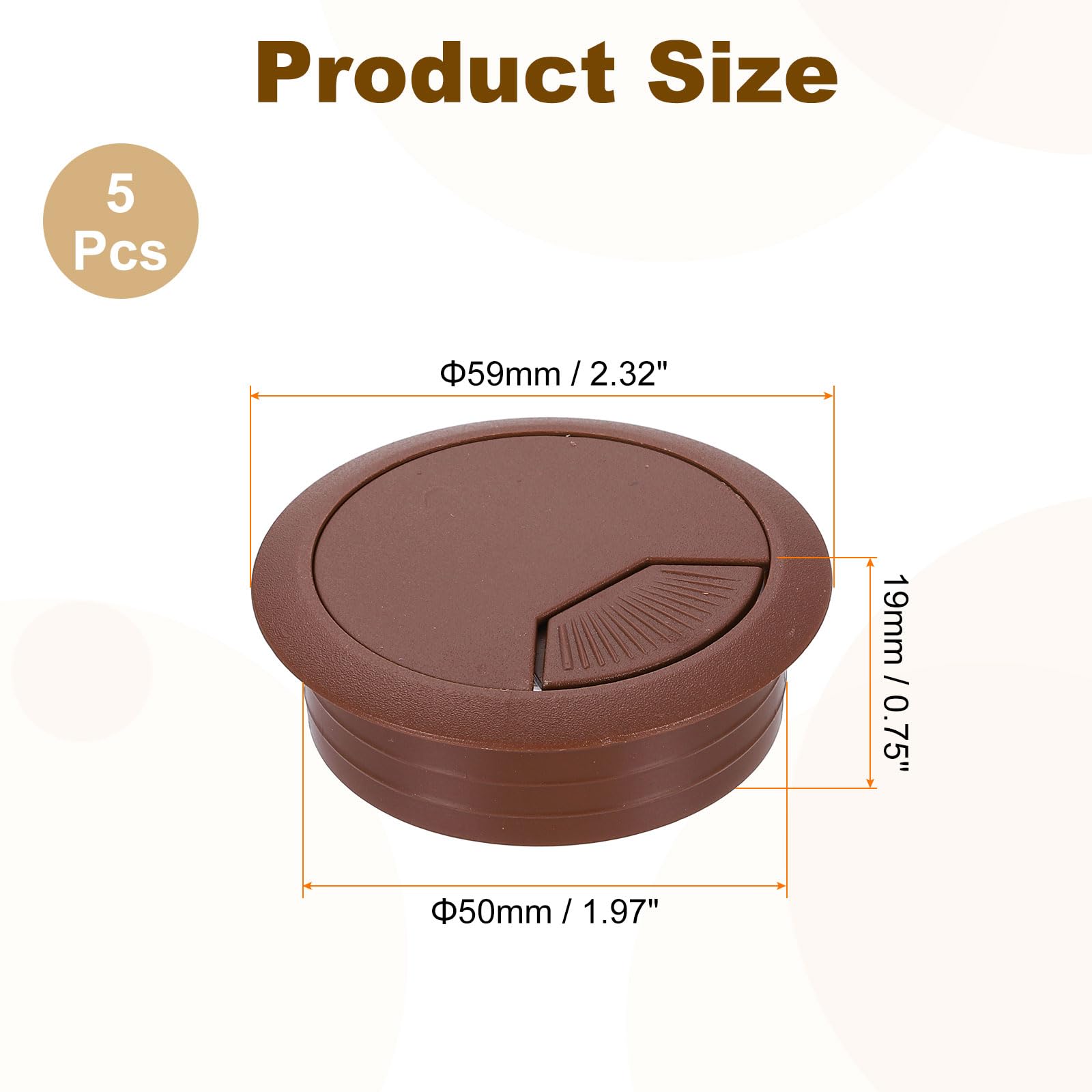 uxcell 5 Pcs 50mm (1.97 Inch) Desk Grommet, Plastic Cable Hole Cover, Wire Cord Cable Organizer for Home Office Computer Desk Cabinet, Brown