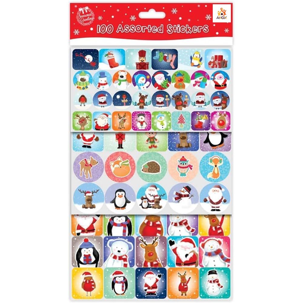 ANGIX 100 x Assorted Christmas Stickers for Xmas Presents, Birthday Gift Boxes, Gift Bags, Card Making, Art & Crafts