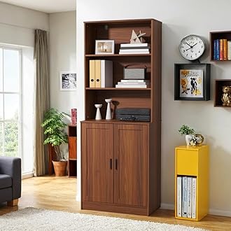 holzart 75" Tall Bookcase with Doors, 5 Tier Large Bookshelf with Cabinet, Standing Wood Display Book Shelf for Living Room, Office, Library with Doors, Brown