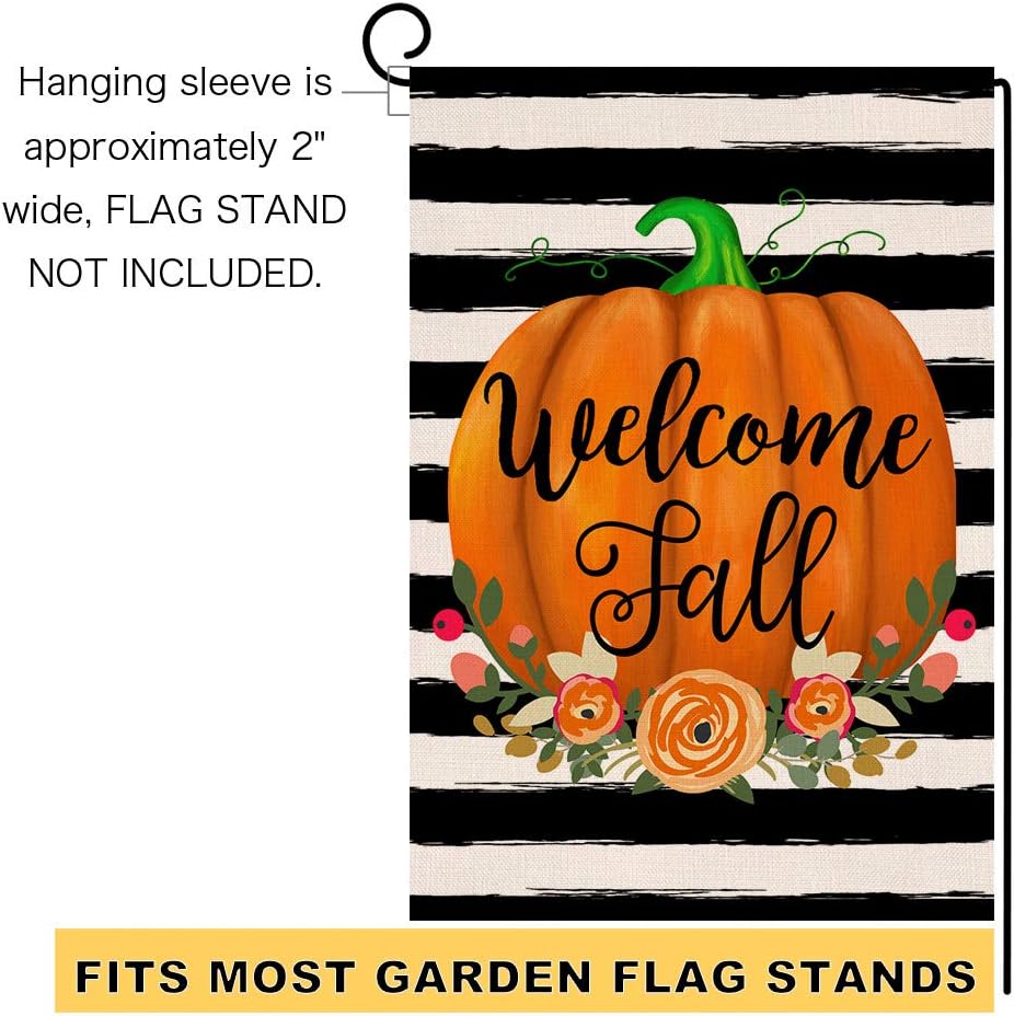 Welcome Fall Pumpkin Stripe Thanksgiving Garden Flag Vertical Double Sided Farmhouse Autumn Burlap Yard Outdoor Decor 12.5 x 18 Inches (163299)