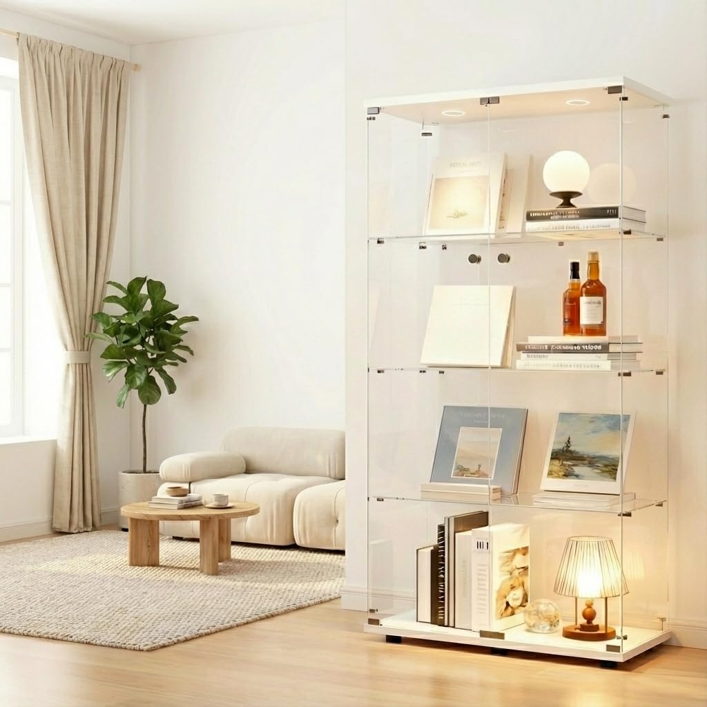 Vitrina de cristal con iluminación LED, vitrina de 4 pisos con puertas dobles, vitrina de colección, cerradura para salón, oficina, comedor y dormitorio, vitrina de cristal (blanco)