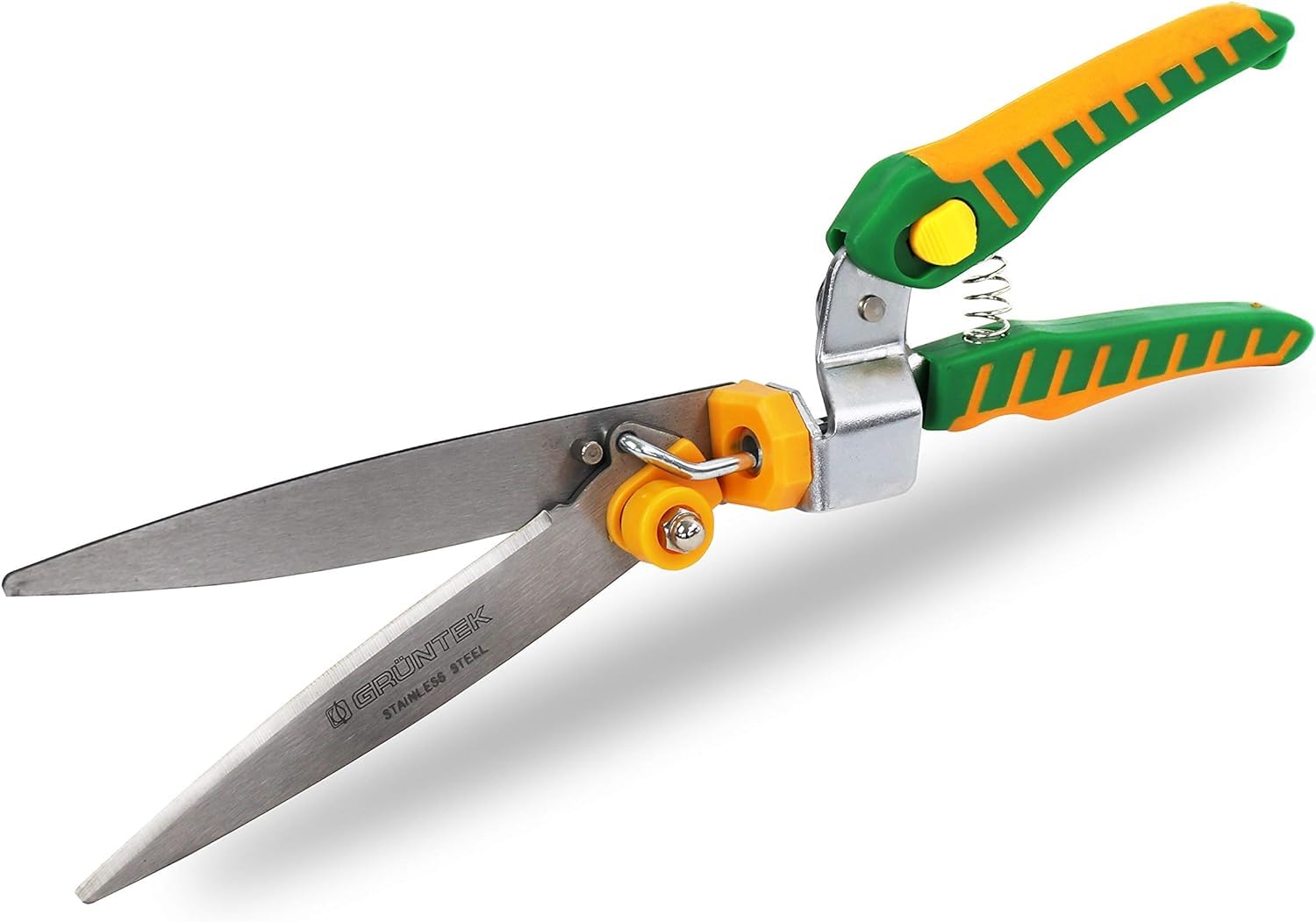 GRÜNTEK Rasenschere EISVOGEL, Premium Rasenkantenschere mit 180° drehbarem Schneidekopf, robuste Grasschere 345 mm, rostfreie INOX, Edelstahl Klingen 140 mm, Ergo-Griffe, Kantenschere Rasen, manuell