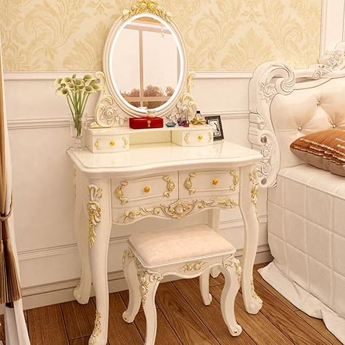 Miniatura 3 de KWOKING Escritorio de maquillaje victoriano, juego de tocador de maquillaje blanco con cajones, tocador con espejo iluminado LED regulable, mesa de