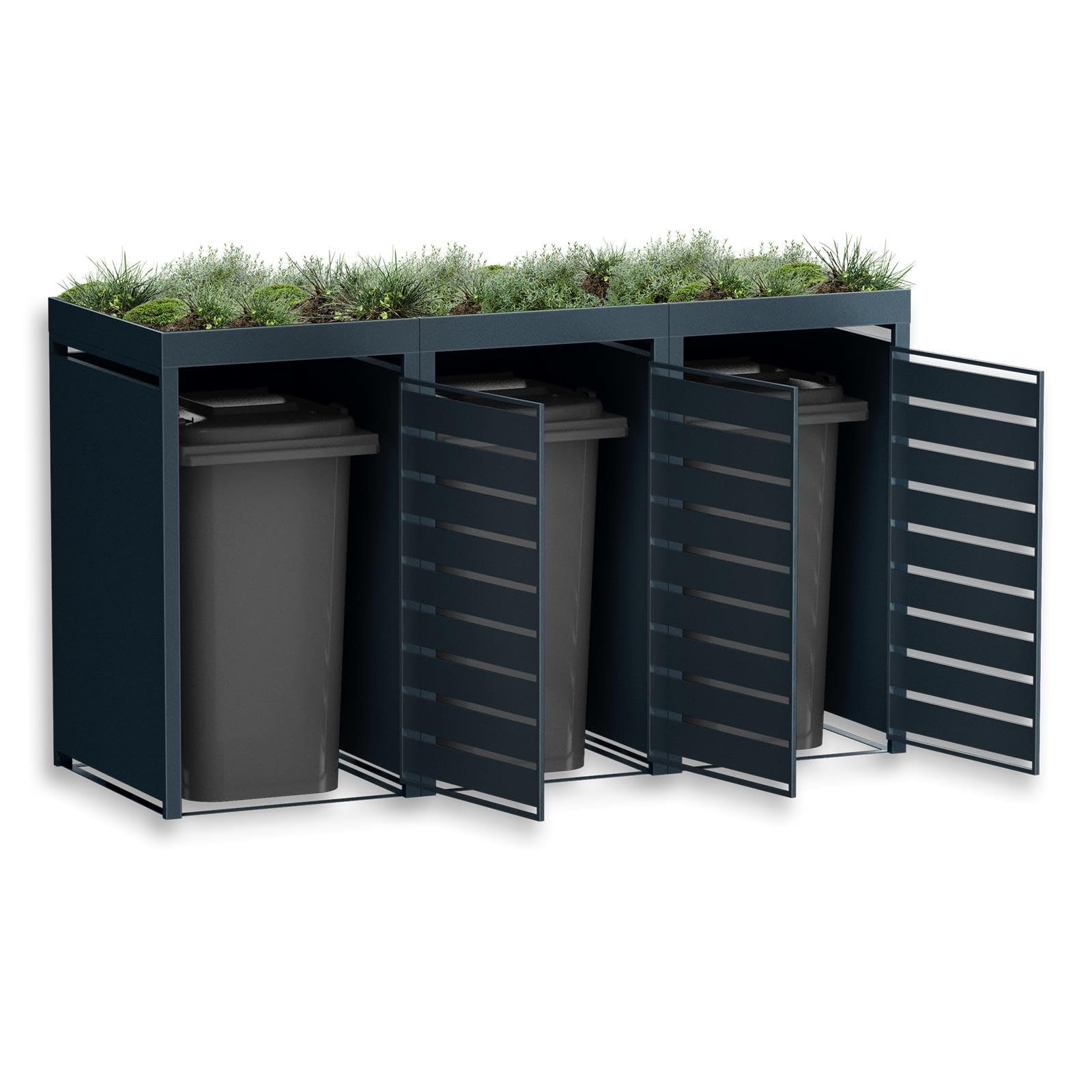 Metzler Box à poubelles 3x240L Anthracite & Aspect Bois avec Toit végétal & Bande de visibilité, Habillage pour 3 bacs avec Couvercle Automatique, Acier poudré Inoxydable, verrouillable
