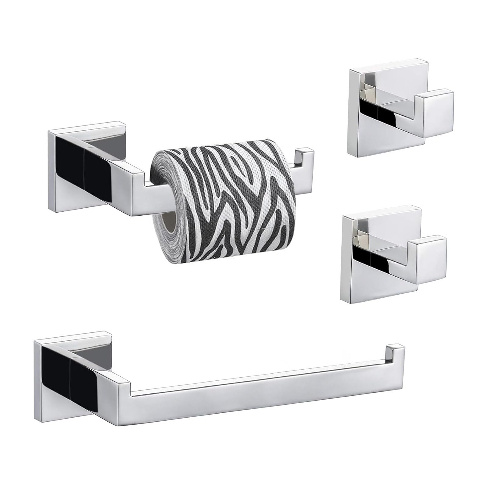 Eovem 4 Pieces Bathroom Accessory Set Square, Wall Mounted Towel Rail Towel Rack, Toilet Paper Holder, Towel Hooks, Stainless Steel Bathroom Hardware Set Polished Chrome