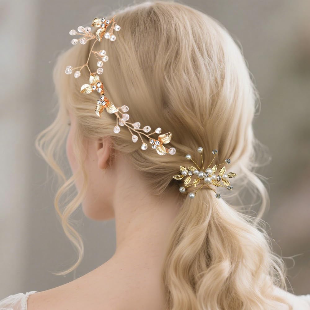 4 Piezas Peine para el Cabello Nupcial Horquillas Pelo Boda de Diamantes de Imitación y Perlas Hojas Tiara Nupcial Accesorios para Novias y Damas de Honor (Dorado)