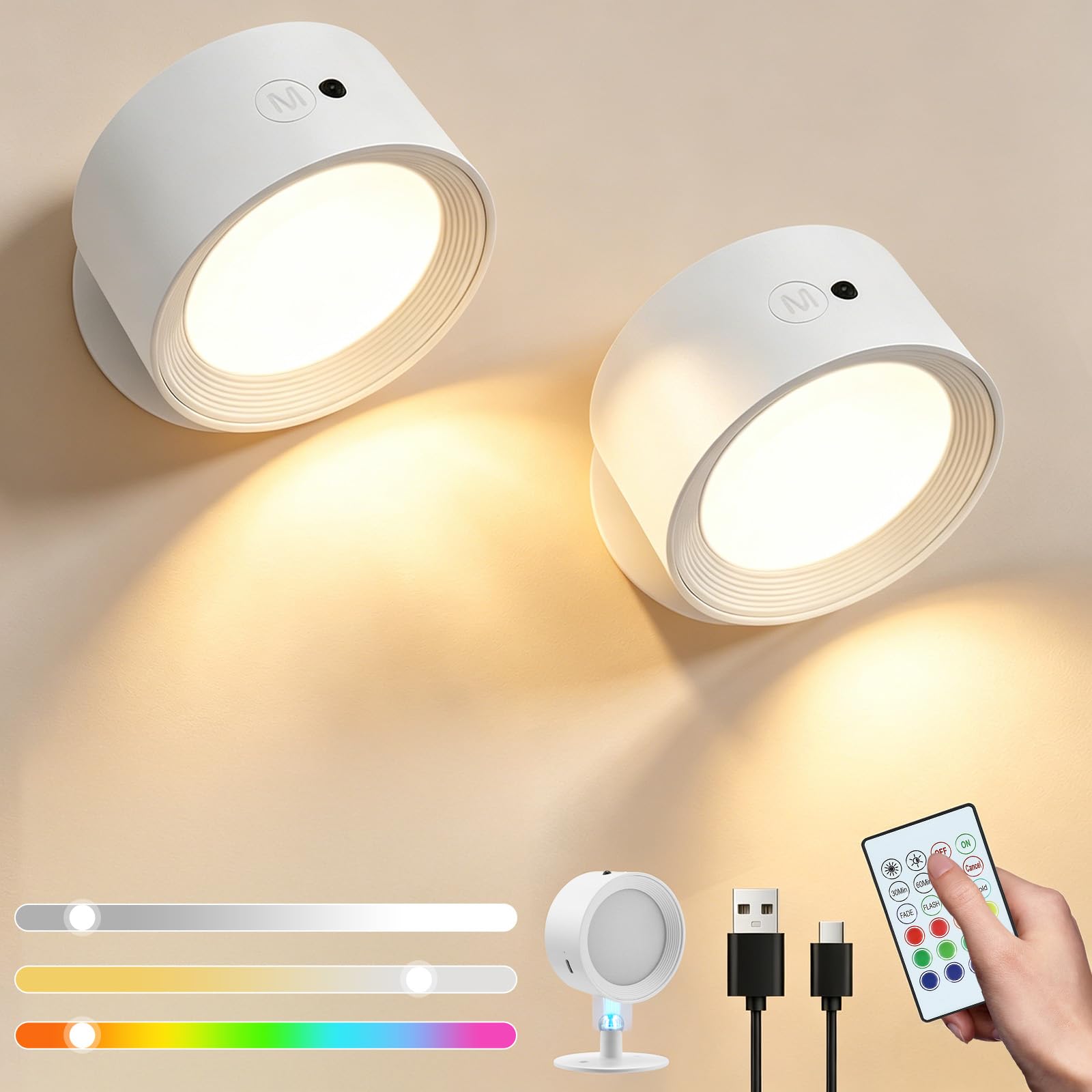 2PCS Battery Operated LED Wall Lights, Rechargeable Wall Sconce Indoor with Remote Control, 3 Brightness Levels, 12 RGB, 360° Rotatable Touch Control, Cordless Wall Lamp for Living Room Bedroom