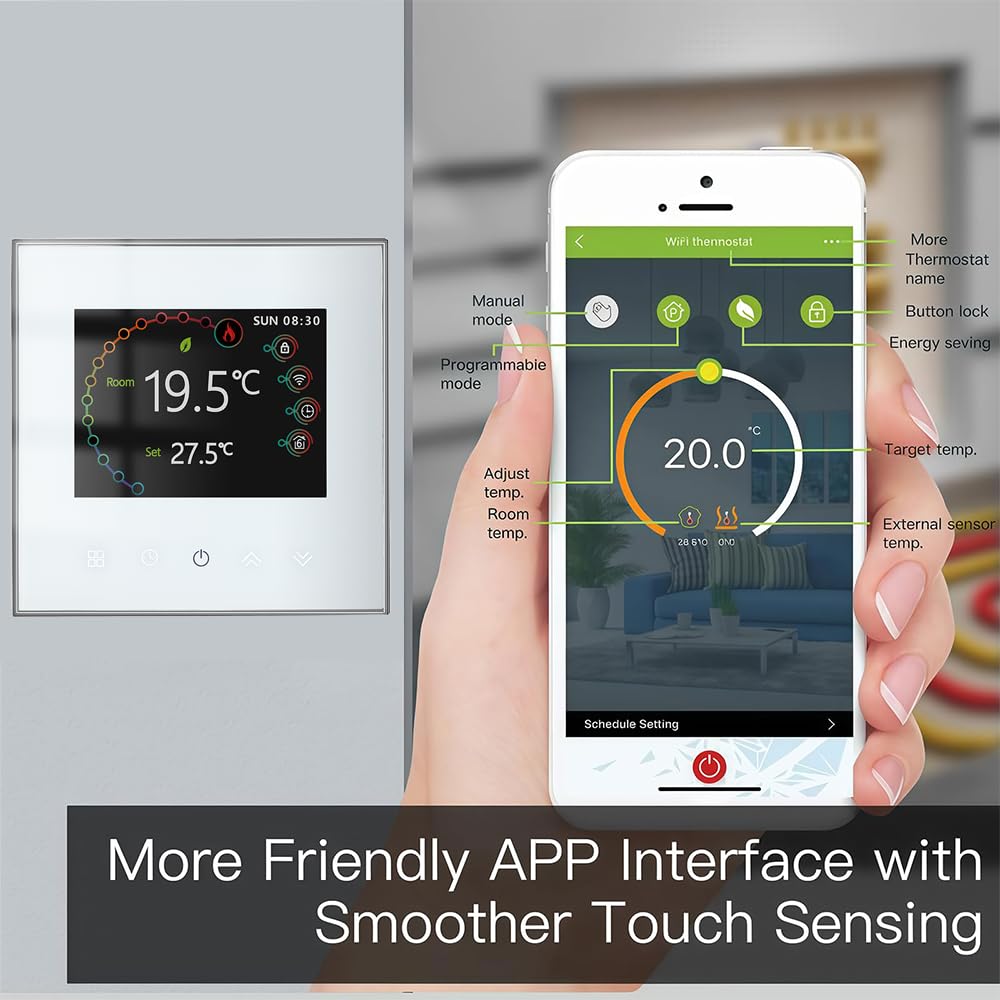 Wi-Fi Thermostat - Serie 2002 Termostato Programmabile | Touchscreen per Riscaldamento ad Acqua/Elettricità/Caldaia Compatibile con Alexa, Google Home e IFTTT