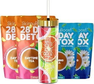 Skinny Boost Tea Kit-2 Pack-2 Plus Free Fruit Slice Tumbler- 2 Daytime Teas (28 Bags/Pouch) 2 Evening Detox Teas (14 Bags/Pouch) Non GMO, Vegan, All Natural Detox and Cleanse