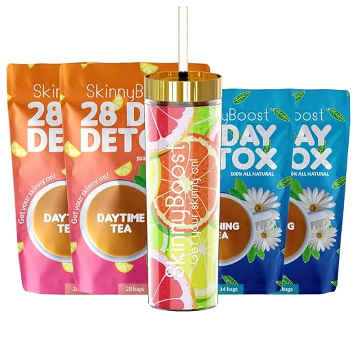 Skinny Boost Tea Kit-2 Pack-2 Plus Free Fruit Slice Tumbler- 2 Daytime Teas (28 Bags/Pouch) 2 Evening Detox Teas (14 Bags/Pouch) Non GMO, Vegan, All Natural Detox and Cleanse