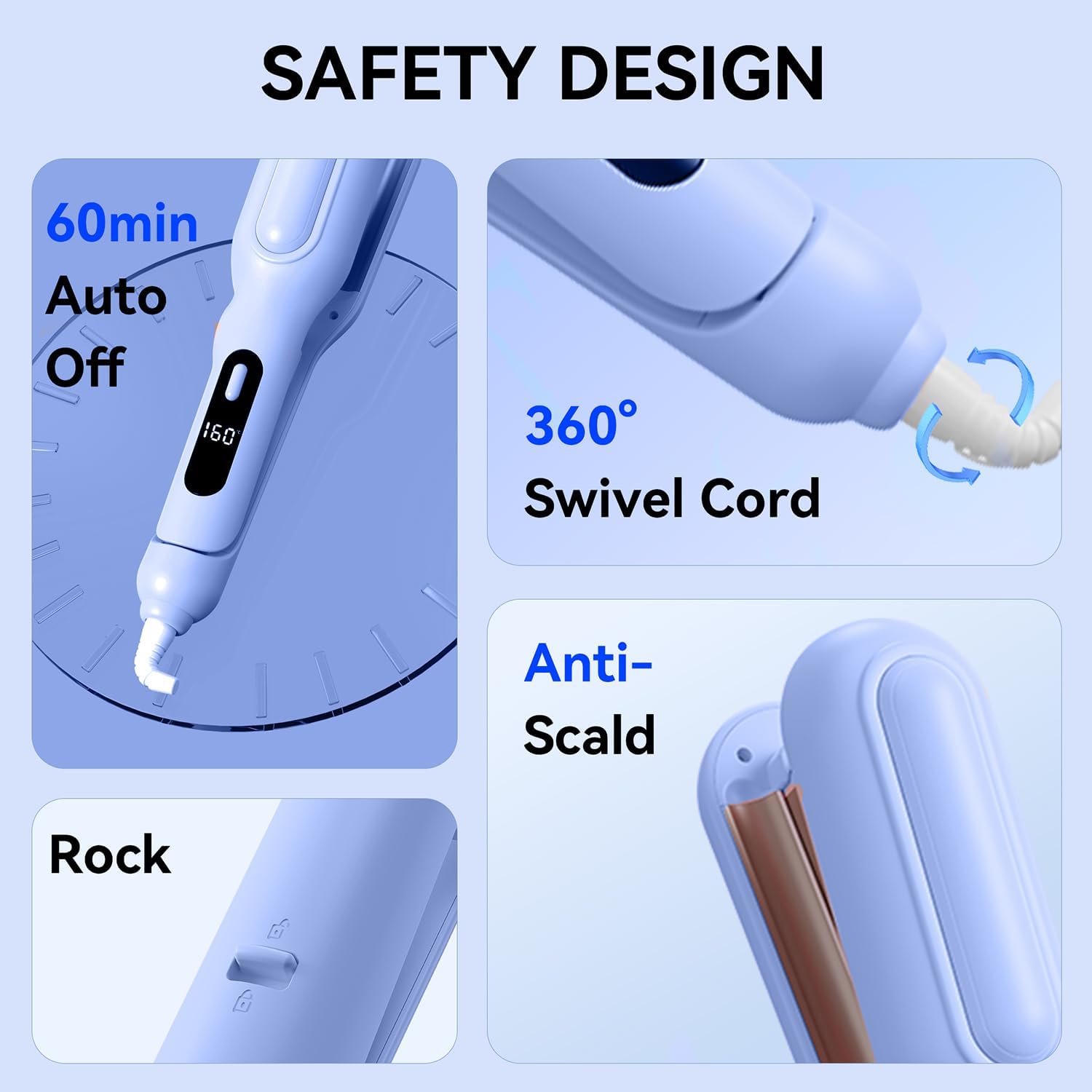 Adjustable Curling Iron Hair Crimper for Women - 1&1.25 Inch Waver Tool, Creates Beach Waves & Tight Curls, Anti-Scald, Fast Heating, Dual Voltage (Blue)