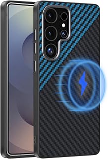 Magnetic Carbon Fiber Case for Samsung Galaxy S25 Ultra Compatible with MagSafe, Slim & Ultra Thin Aramid Fiber Anti-Scratch Military-Grade & Metal Camera Shockproof Case, Black&Blue