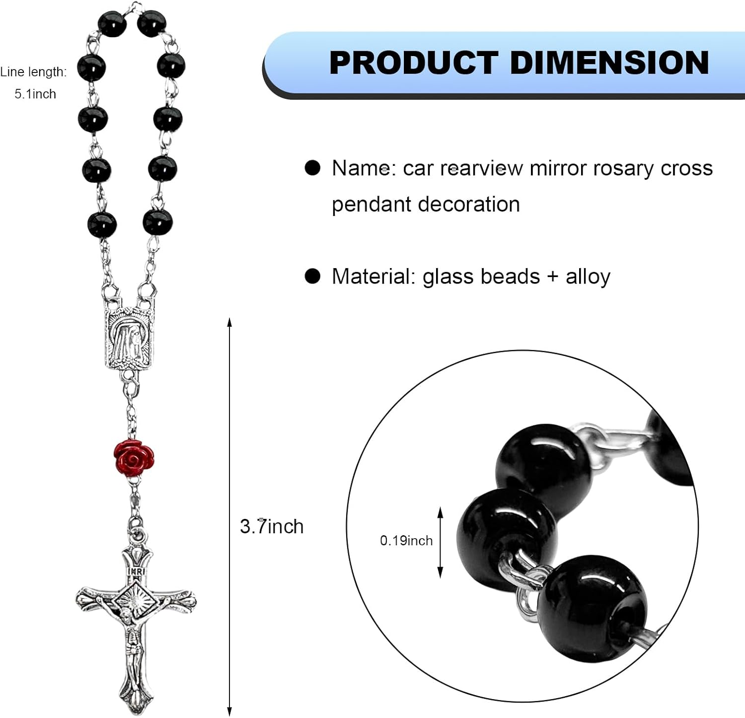 2PCS Car Rosary for Rearview Mirror, Rear View Mirror Charm Blessing Beads Pendant Interior Decor, Personalized Medal and Cross Car Hanging Accessories for Women Men (Black) - Image 2