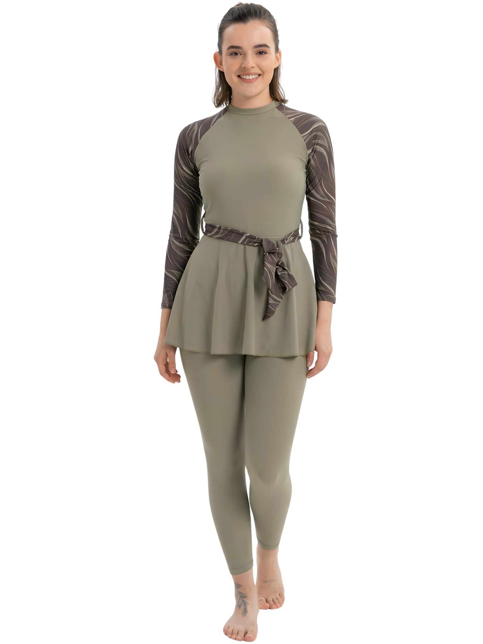 Modest Swimsuits with Swim Top Swim Legging and Belt Full Sleeve Chest Pads Full Body Cover Swimming Costume Swimwear Set for Women