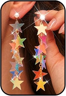 Catery Iridescent Star Dangle Earrings Pearl Long Drop Earrings for Women Rave