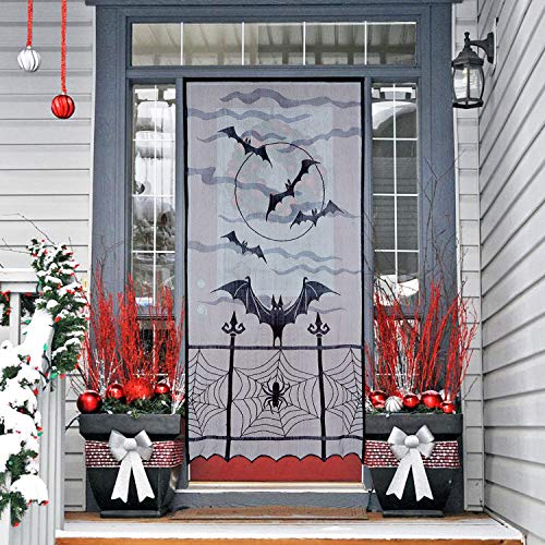 Promo Discount Up To 70% Off N&T NIETING Halloween Decorations Indoor, 40 x 84 Inches Black Lace Spider Web Bats Door Window Curtain for Halloween Holiday Party Decoration