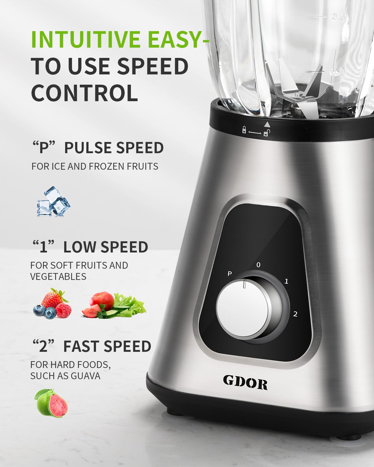 GDOR 1200 W blender do smoothie i smoothie, szklany słoik o pojemności 50 uncji i kubek na wynos 22 uncje, blender z 6-listkowym ostrzem, 3 regulowane prędkości do soków, napojów