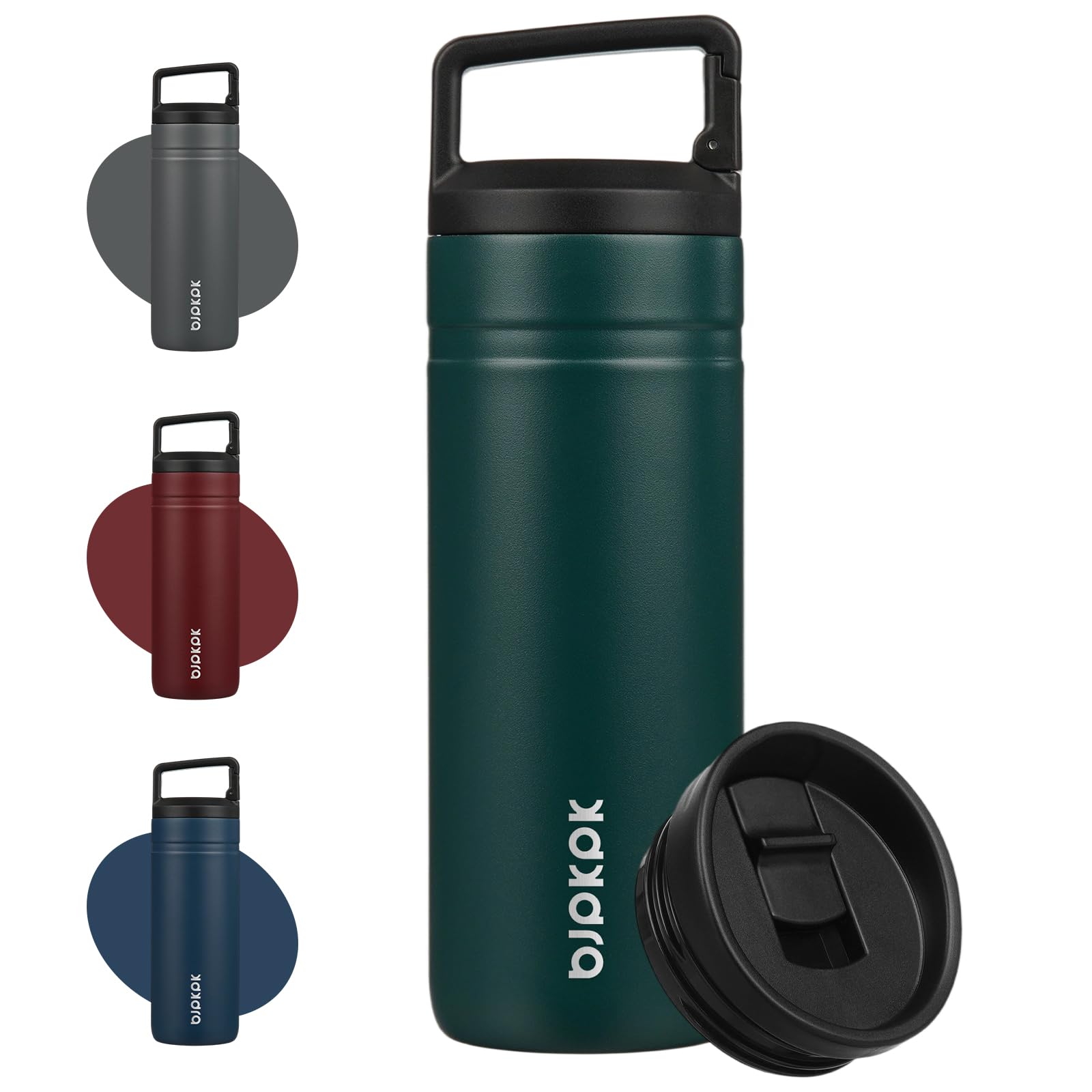 BJPKPK Insulated Water Bottle with 2 Lids,600ml Double Wall Stainless Steel Vacuum Tumbler Travel Coffee Mug,Wide Mouth Thermal Cup,Dark Green