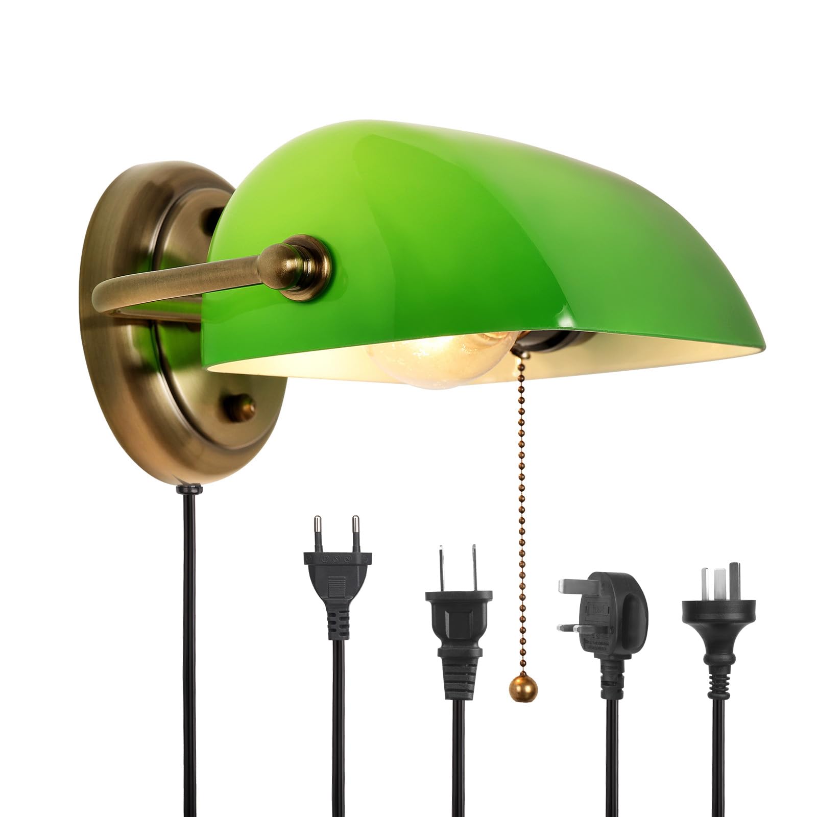 FIRVRE Grün Glas Bankers Wandleuchten Traditionelle Europäische Vintage Klassische Wandlampe mit Verstellbarem Lampenschirm und Plug in Schalter für Schlafzimmer Flur Bibliothek