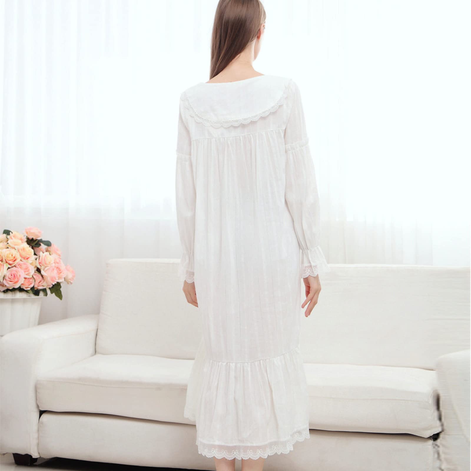 OFFSUM Camicia da Notte Donna - Primavera Camicia da Notte A Tinta Unita Cotone Pizzo retrò Elegante Camicia da Notte Moda Principessa Plus Size Casual Lingerie Confortevole