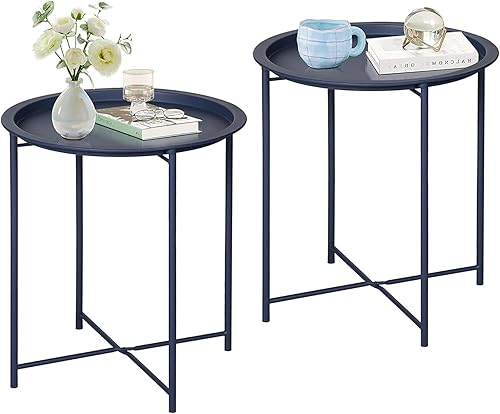 Vista 75 de VECELO Mesa auxiliar/auxiliar, plegable, redonda, de metal, antioxidante, impermeable, para exteriores o interiores, bandeja para sala de estar