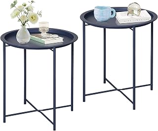 VECELO Side/End Table, Folding Round Metal Anti-Rust and Waterproof Outdoor or Indoor Tray for Living Room Bedroom Balcony and Office, 2 PCS, Blue