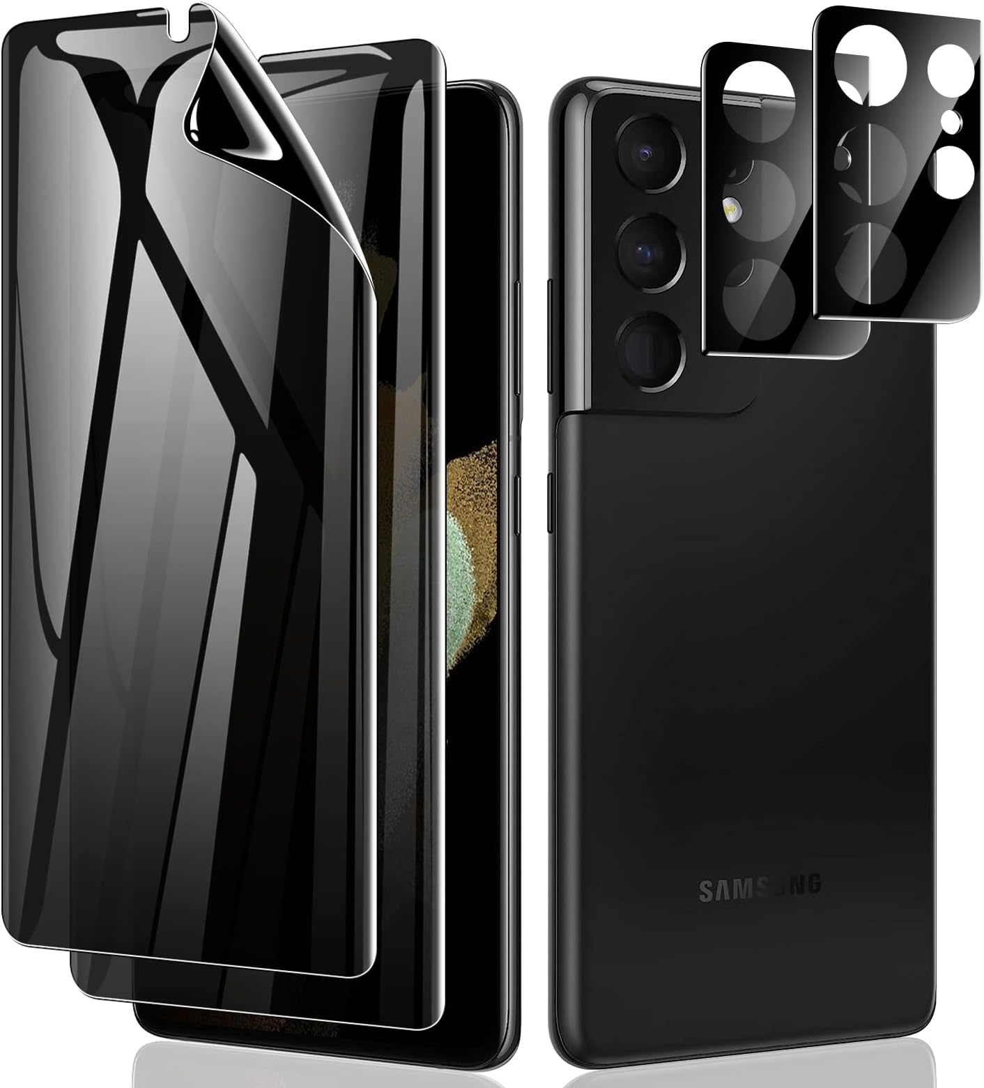 LYWHL Privacy Screen Support Fingerprint ID Anti-Spy Full Adhesive + Camera Lens Glass Protector for Galaxy S21 Ultra 6.8,5G 2021- Pack of 2+2