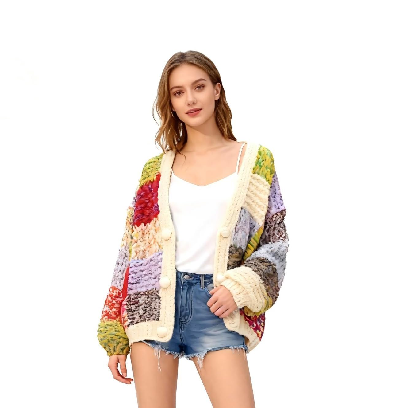 Womens Casual Crochet Patchwork V-Neck Cardigans Sweater Trendy Color Block Cardigan Chunky Cardigan Knit Sweater Jacket
