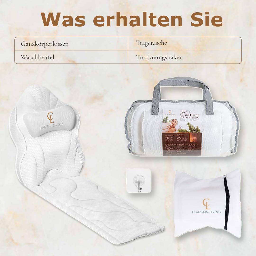 Badewannenkissen Ganzkörper Badekissen (126x41cm) - Badewannenmatte mit Kopfstütze (13cm) unterstützt Nacken, Rücken und Beine - Mit Wasch- und Reisebeutel und einem Hängehaken für Trocknen - Weiß
