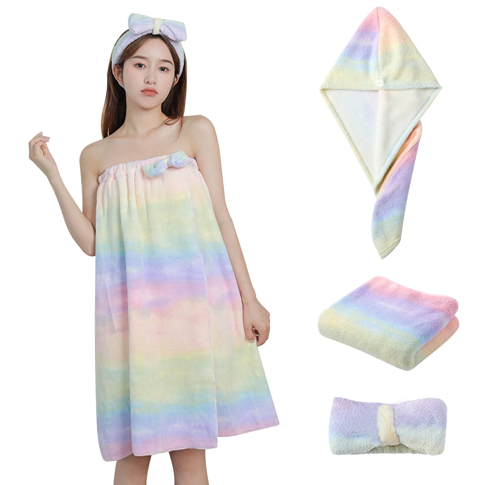 TERRIFI 4 Pcs Bath Wrap Towel and Hair Drying Towel Kit, Adjustable Elastic Ultra Absorbent Towel Wrap with Snap Closure Microfiber Soft Coral Fleece Quick Dry Hair Towel Wrap for Women Girl