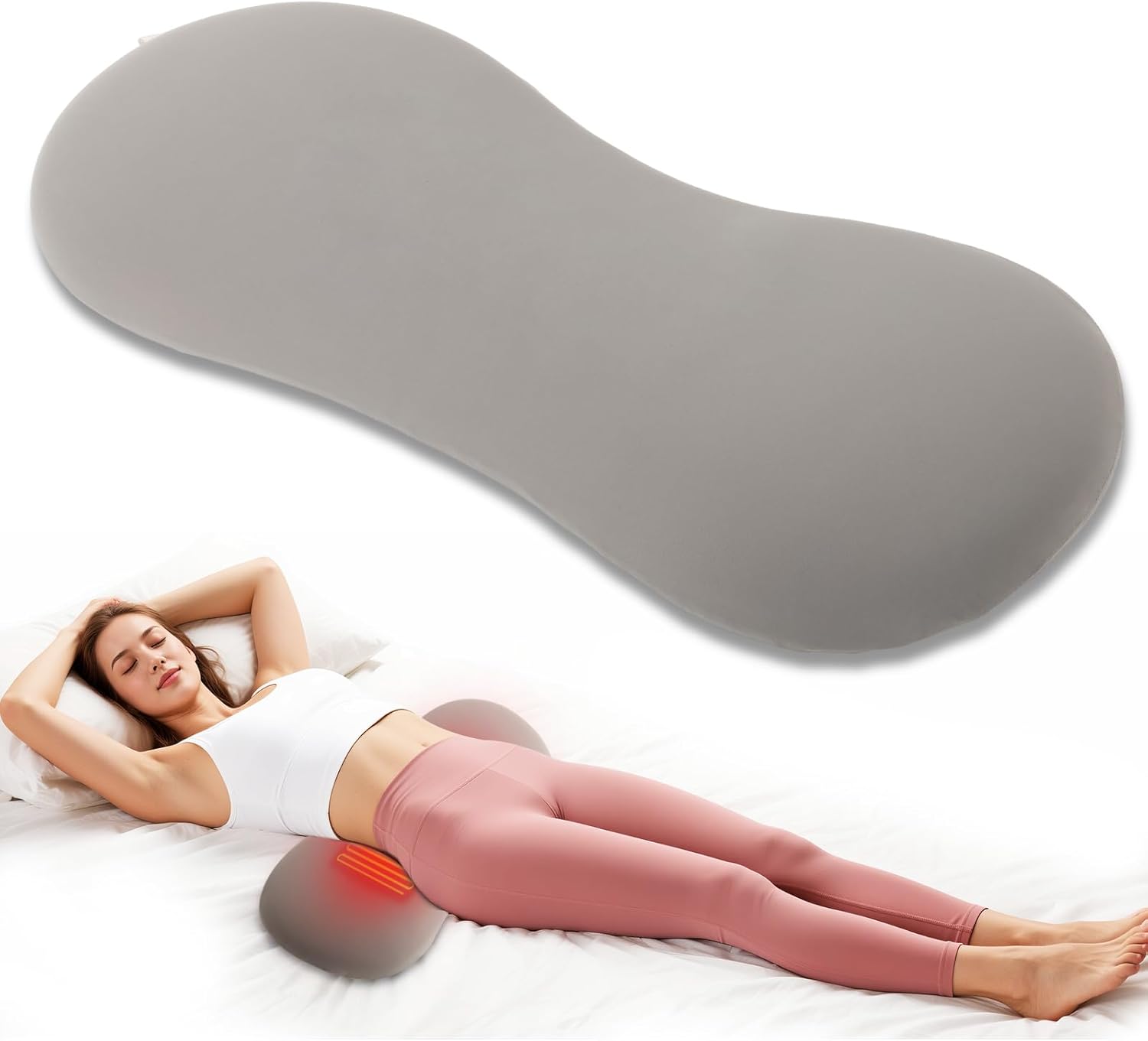 Heated Lumbar Support Pillow for Sleeping – Memory Foam Back Pillow for Bed, 3 Heat Levels & 8 Timers, Ergonomic Lower Back Pillow for Side, Back & Stomach Sleepers, Washable Cover