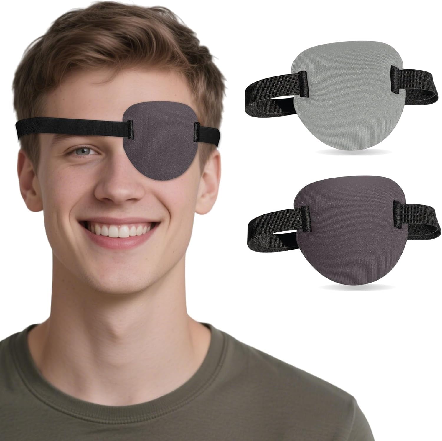 2 Pcs 3D Eye Patches for Adults and Kids, Adjustable Medical Eyepatch for Right or Left, One Cover for Amblyopia Lazy, Pirate Costume (Dark Grey, Light Grey)