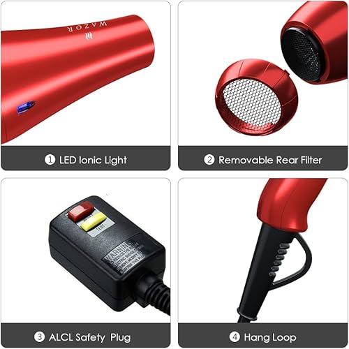Miniatura 4 de Secador de pelo MHD turmalina titanio ligero con 2posiciones de velocidad y 3temperaturas color rojo