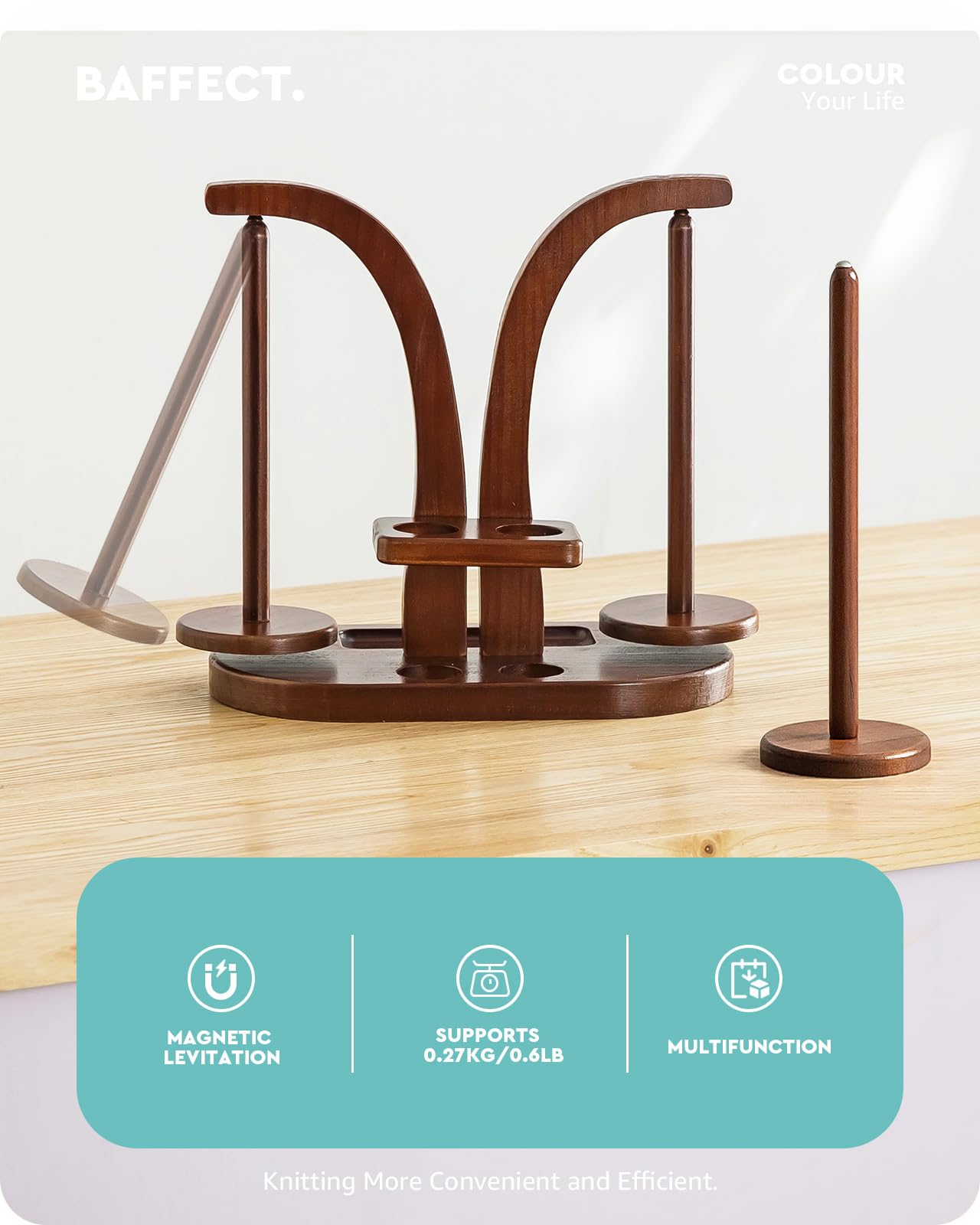Baffect Soporte para Hilo Magnético, Soporte de Madera para Lana con Organizador de Accesorios de Crochet, Soporte Doble para Bolas de Hilo para Amantes del Crochet