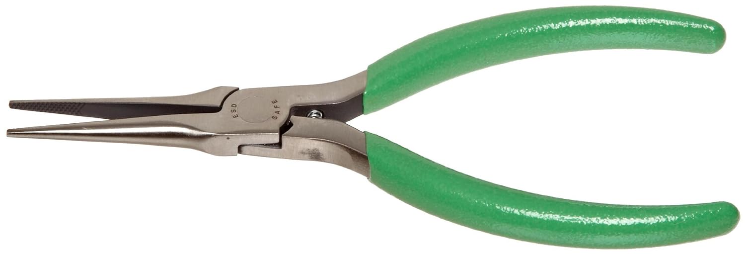 Xcelite NN55V Slim Line Needle Nose Plier with Serrated Jaw Green Cushion Grip, 5-1/2" Length, 1-11/16" Jaw Length