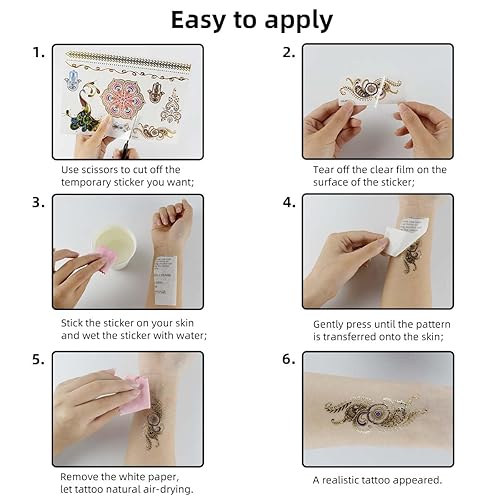 Miniatura 5 de 12 hojas de tatuajes temporales metálicos dorados destellantes para mujeres y niñas, impermeables, dorados y plateados, calcomanías de tatuaje para