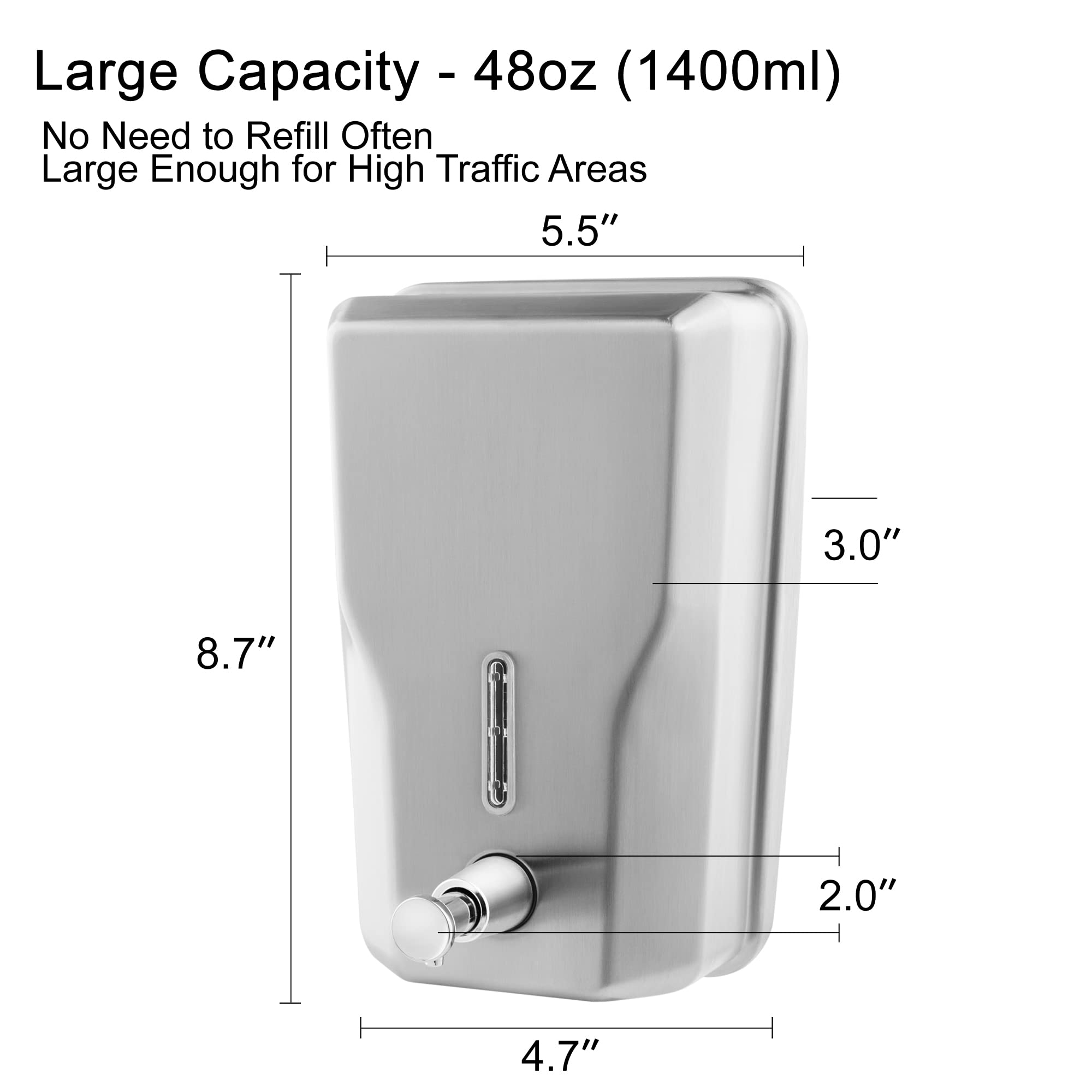 Dispenser di sapone liquido da parete in acciaio inox per bagno, 1400 ml, per uso commerciale, da parete, in metallo, ricaricabile, dispenser di sapone liquido per le mani