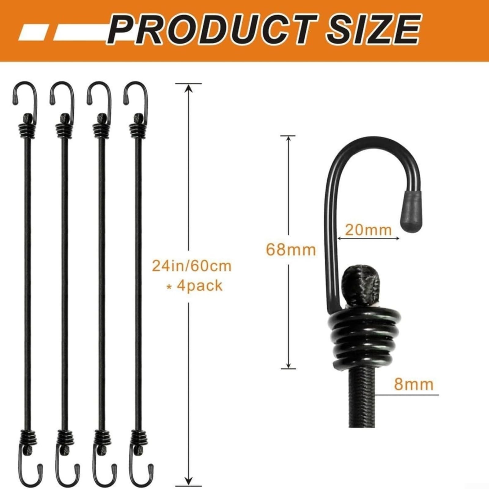 Cavi elastici resistenti con ganci, 35 kg, resistenza alla trazione, nucleo in lattice di polipropilene, nero, per fissare il carico su moto, biciclette e campeggio (120 cm x 10 pezzi)