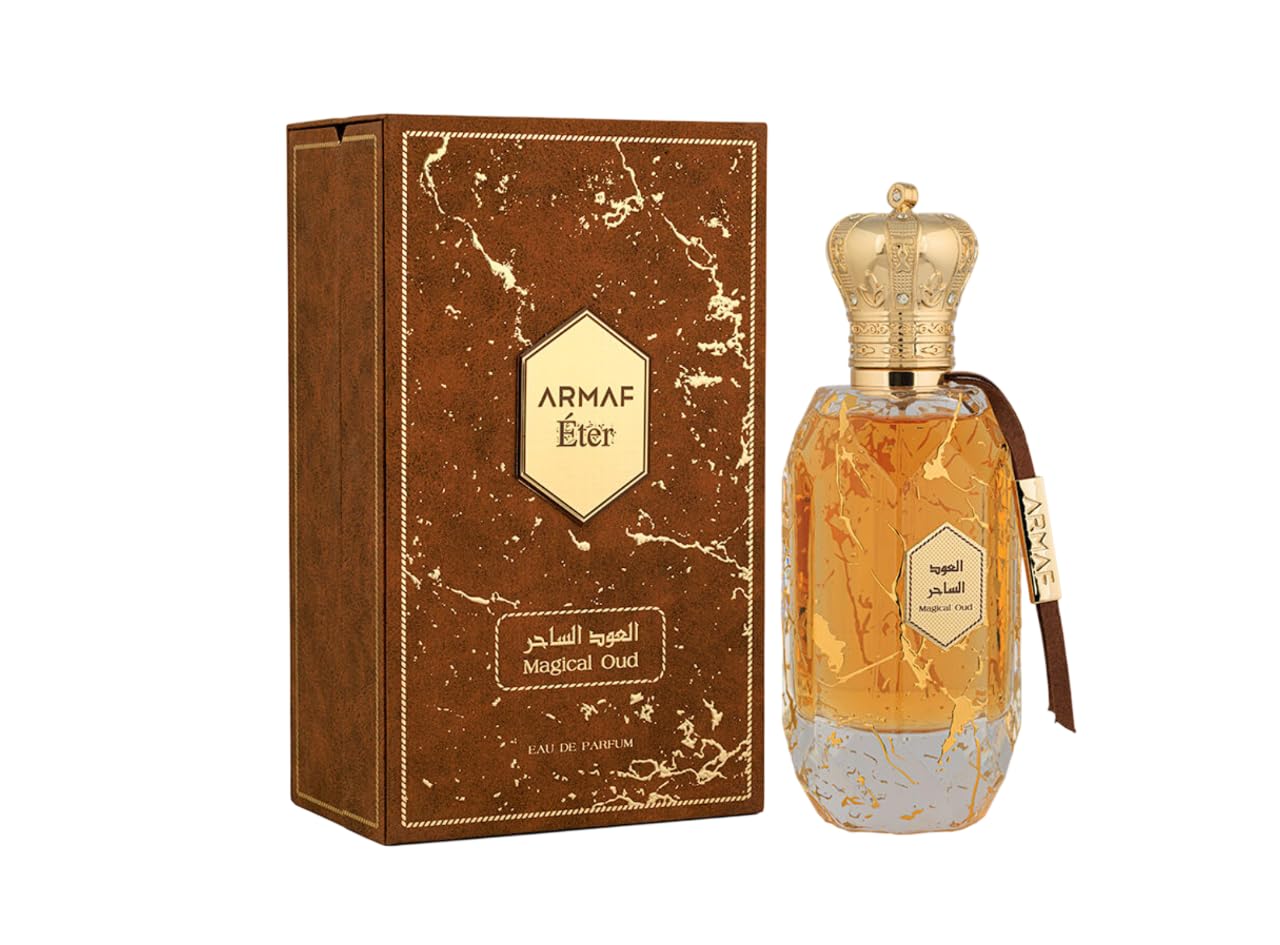 Armaf Eter Magical Oud Eau de Parfum 100 ml, Perfume Árabe para Mujer de Larga Duración, Incluye Atomizador Recargable 5 ml, Fragancia Amaderada y Moderna con Vetiver, Cachemira y Ámbar (Magical Oud)