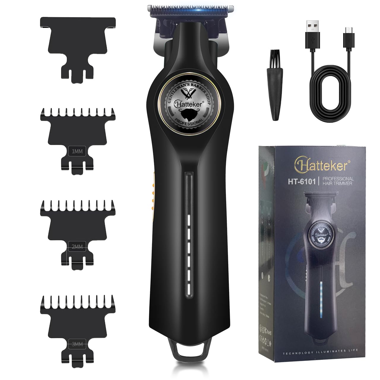 HATTEKER HT-6101 Professional Hair Trimmer, 7200 RPM High-Speed Motor, Zero Gap T-Blade, 1200mAh Rechargeable Battery, LED Display, USB Type-C Charging, 180 Minutes Runtime BLACK-image-48