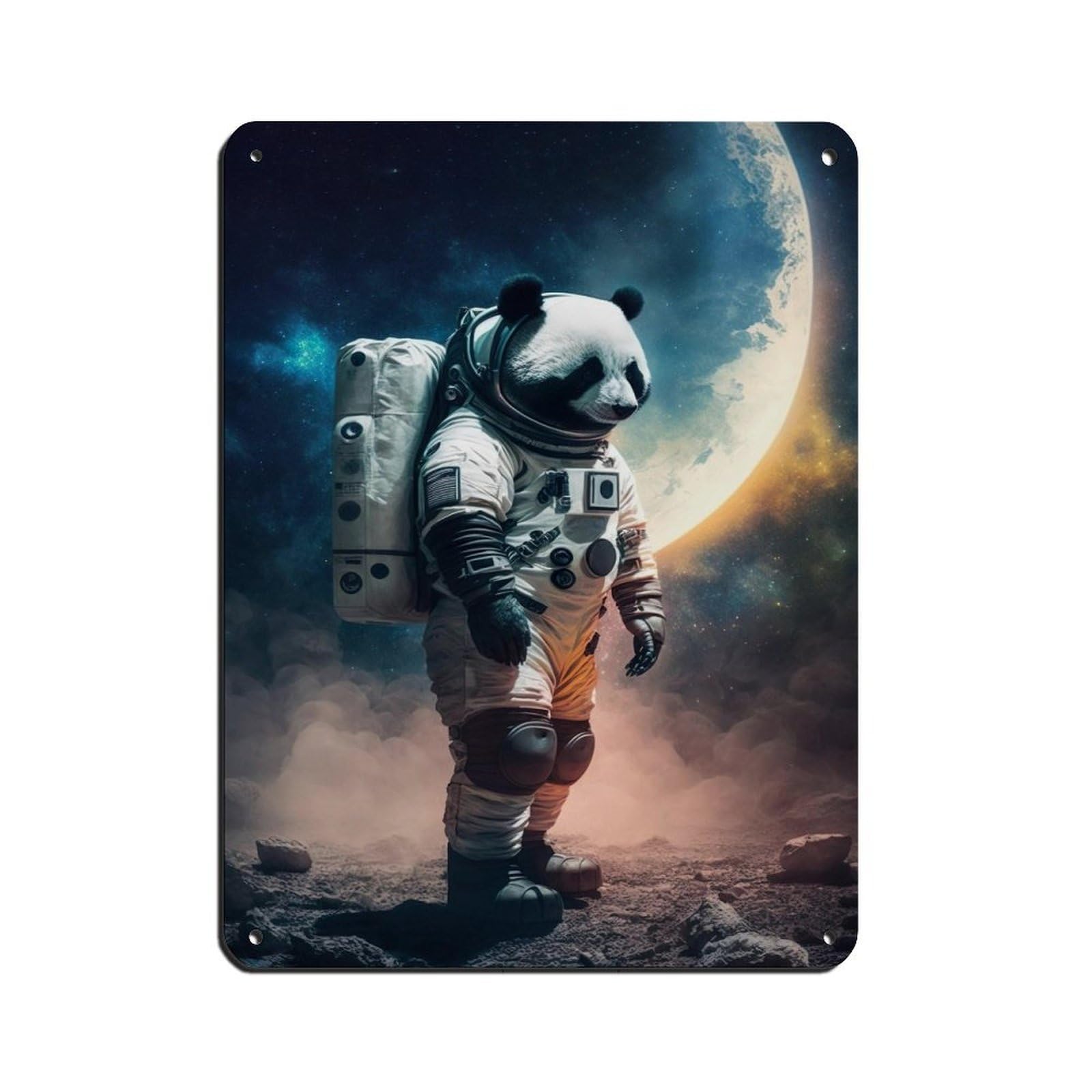 Poster métal panda astronaute de 30x40 cm pour déco murale rétro