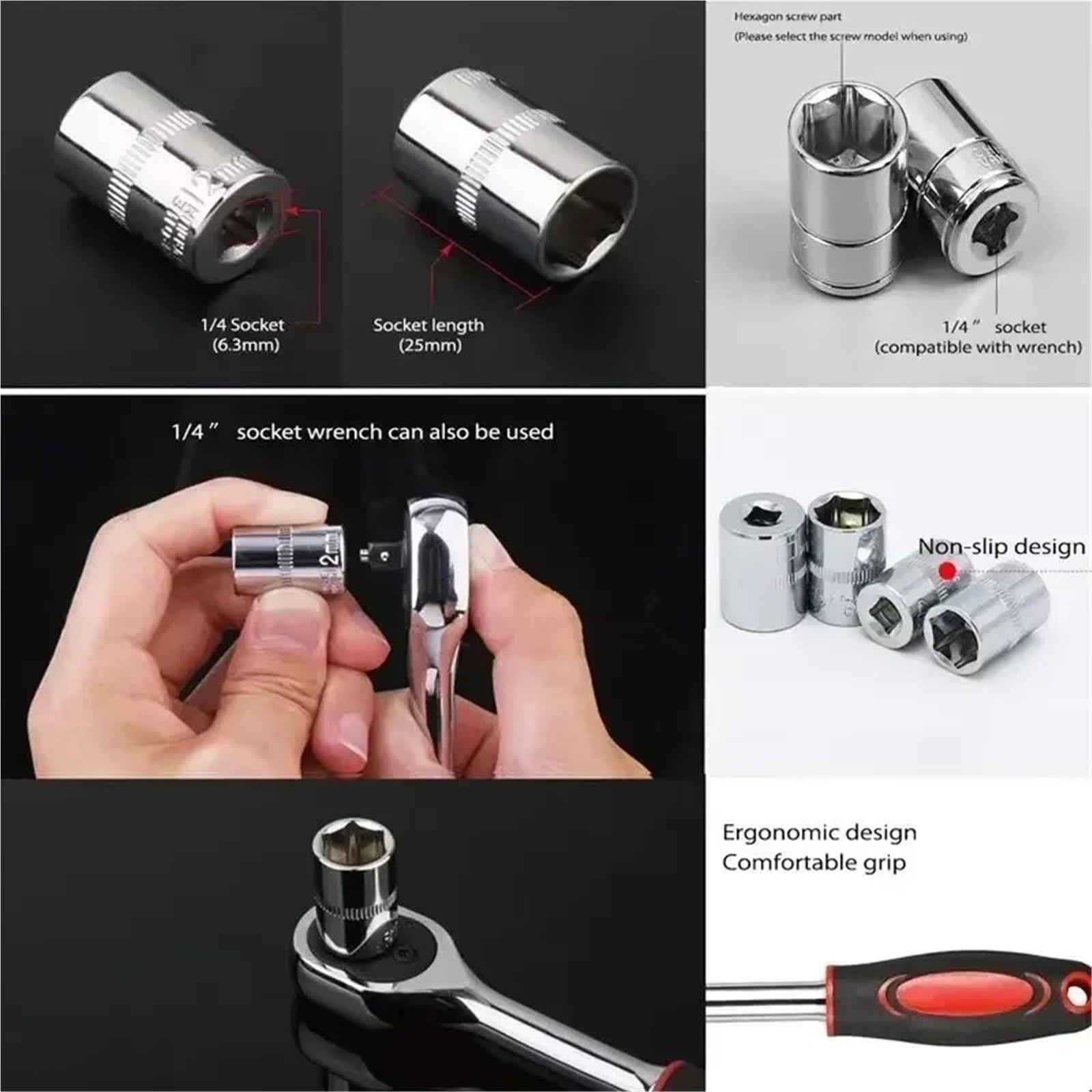 gereedschap voor demontage Zestaw 12 narzędzi samochodowych nasadowych, klucz grzechotkowy 1/4" z grzechotką, narzędzia konserwacyjne, sześciokątne set Auto Demontage Gereedschap(1-2inch 12pc set)