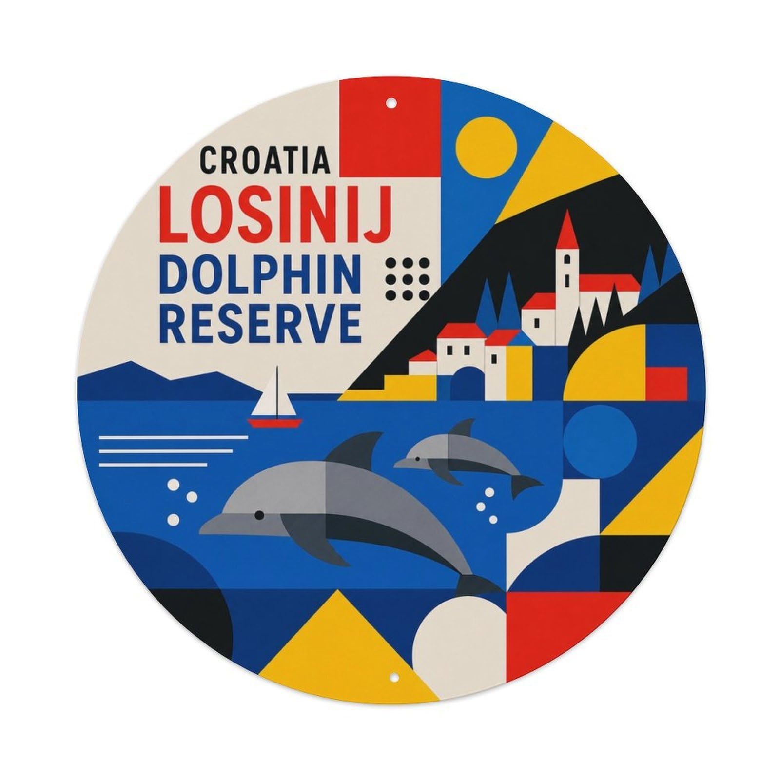 Losinj Dolphin Reserve Croatian Geometric Island Nature Metal Tin Sign Plaque Wall Decor for Cafe, Man Cave, Club Bar, Office, Home Garden Round Metal Poster 8x8Inch