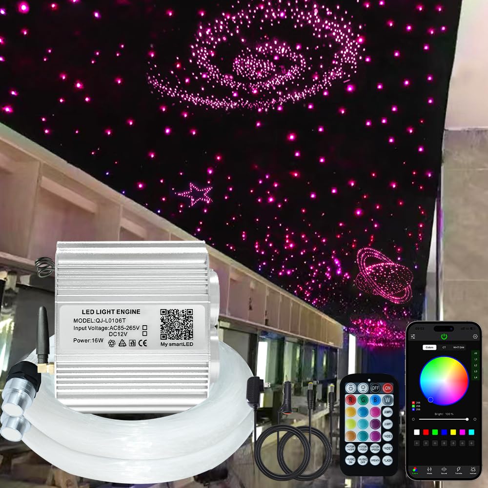 Firework 16W Dual Head Twinkle Fiber Optic Lights Kit, Bluetooth RGBW LED Starlight Headliner Kit for Car Home Ceiling Star Ceiling Sky Light with APP/Remote Music Mode 720pcs Mixed Fibers 9.8ft/3m