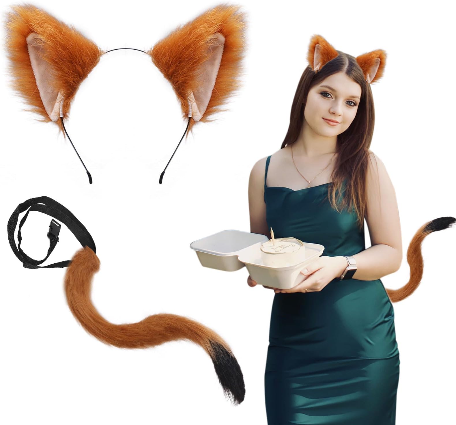 TSHAOUN Fox Costume Included Black Fox Ears Headband Faux Fox Tail Animal Costume for Fancy Dress Up Fox Cosplay Halloween Costume Stage Show