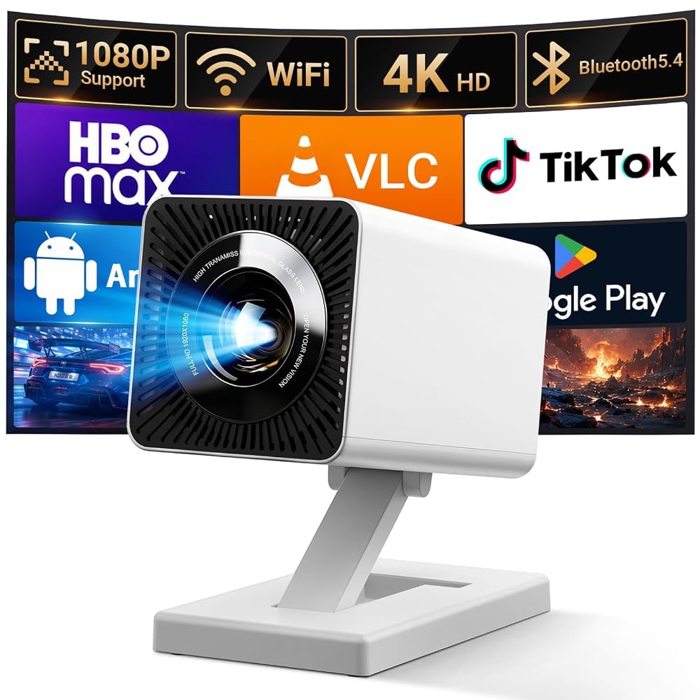 Mini Beamer 4K, Mini Projektor 1080P Unterstützt WiFi 6 BT 5.4, Beamer Klein Projektor mit Eingebaute Apps, Auto Horizontal Trapezoid Correction