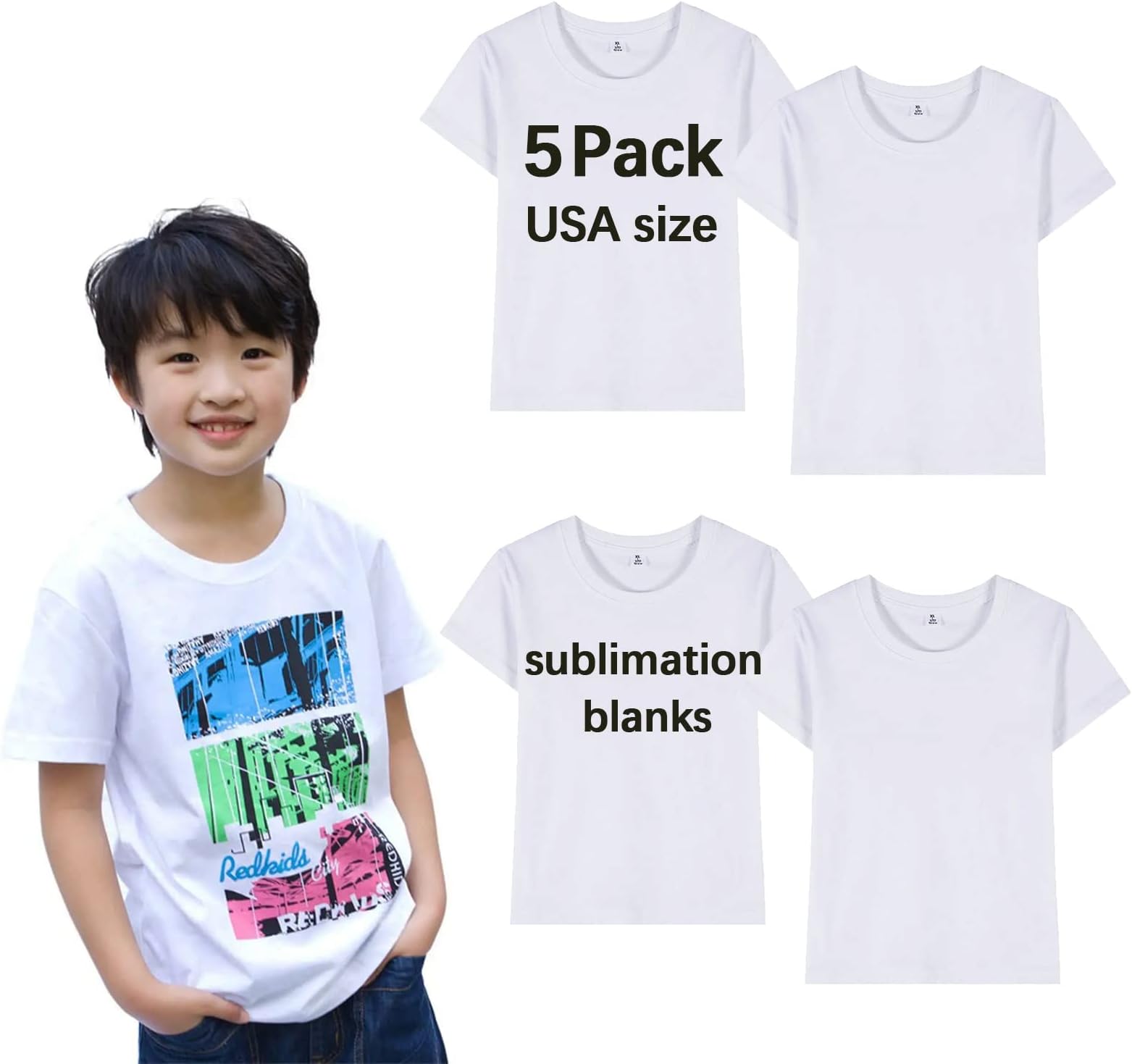 ORJ 5 Pack Unisex Kids White Blanks Polyester Tshirts for Sublimation,Short Sleeves Sublimation t Shirts Blanks for Children(S Children)