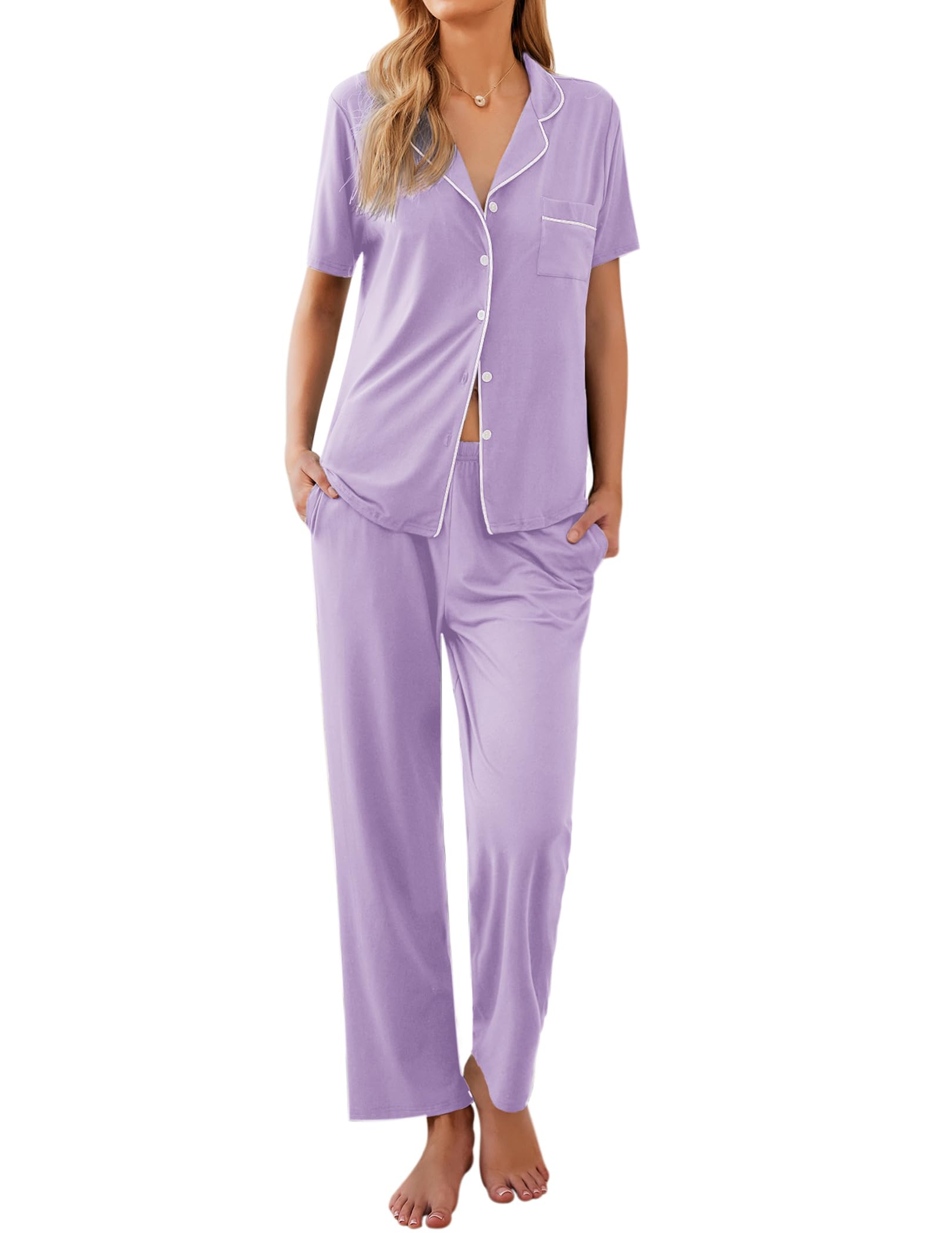 Ekouaer Women Pajamas Set Button Down Sleepwear Short Sleeve Nightwear with Long Pants Soft Pjs Set S-XXL