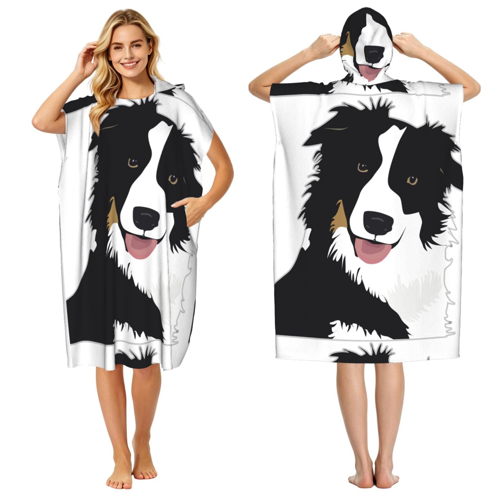 Poadnly Border Collie Dog, Adult Hooded Beach Towel 90 x 110 cm,Changing Bath Robe, Surf Poncho Towel For Women Men