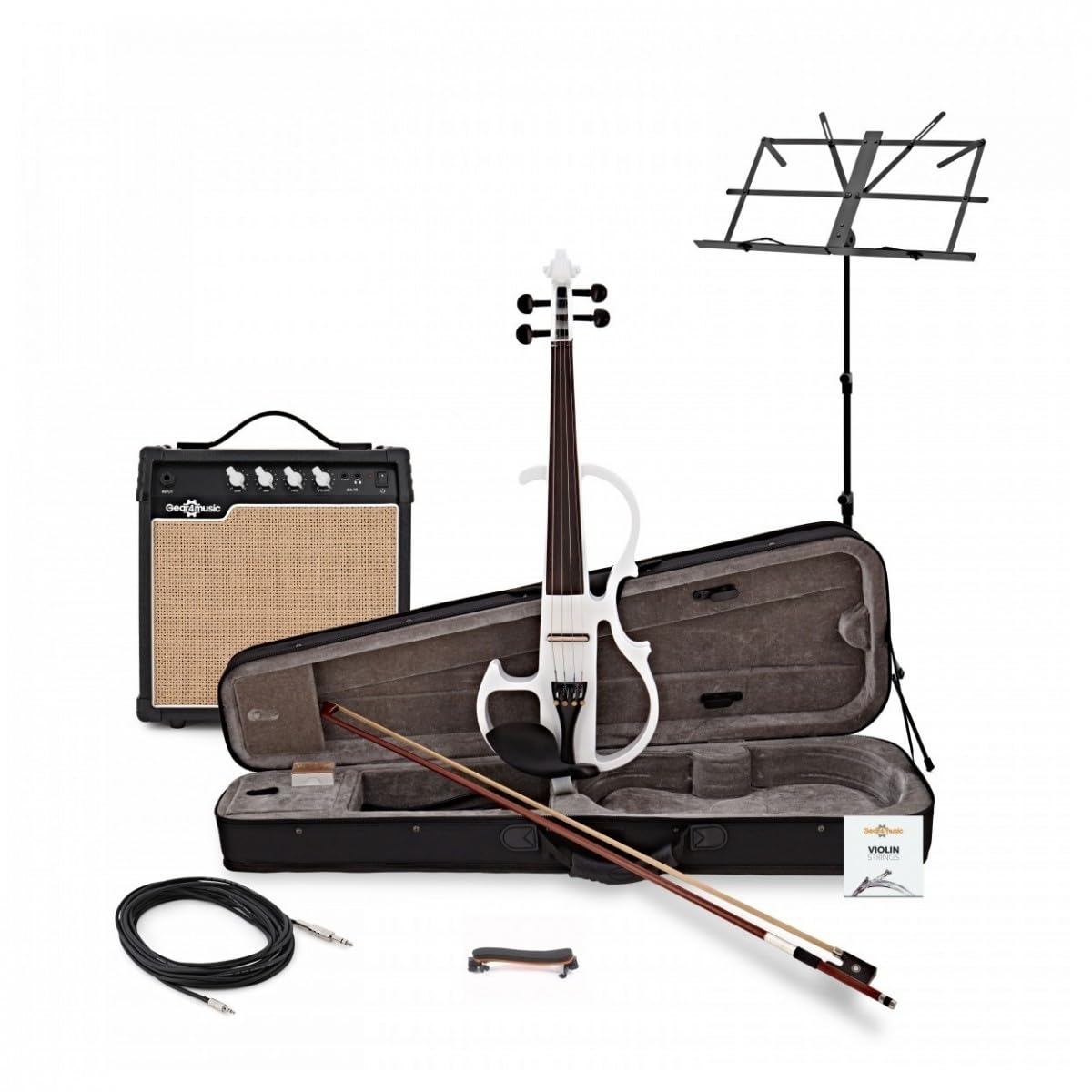 Violino Elettrico 4/4 con Amplificatore e Accessori, Bianco | Pickup attivo per connessione ampli/FX, pickup sotto ponte con controllo tono, leggio e spallaccio inclusi
